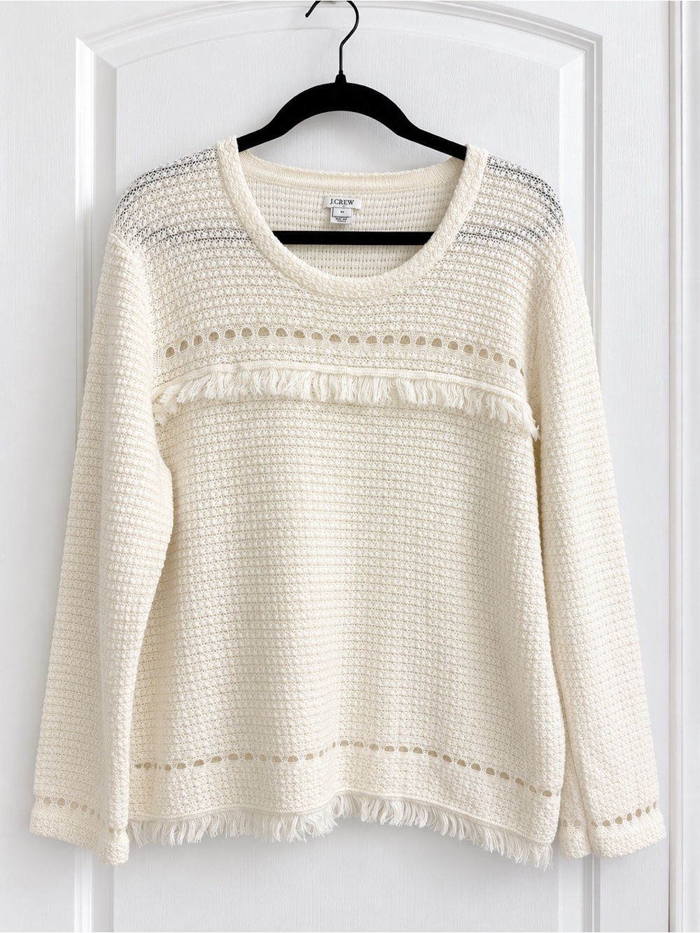 J. Crew Cream Open-Knit Fringe Crewneck Sweater